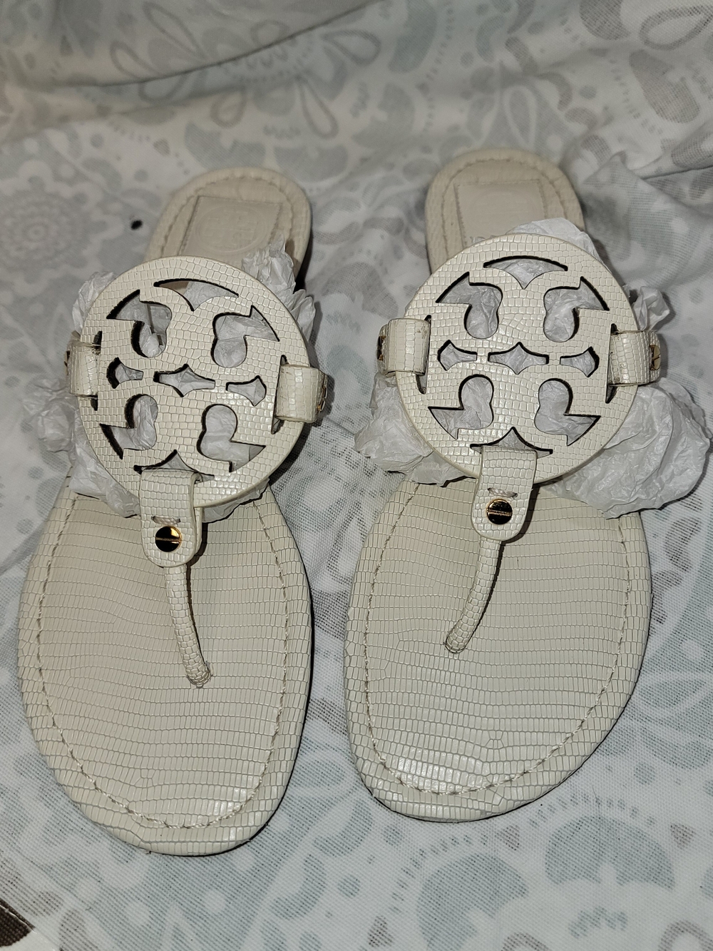 Women’s White Embossed Leather Thong Sandals